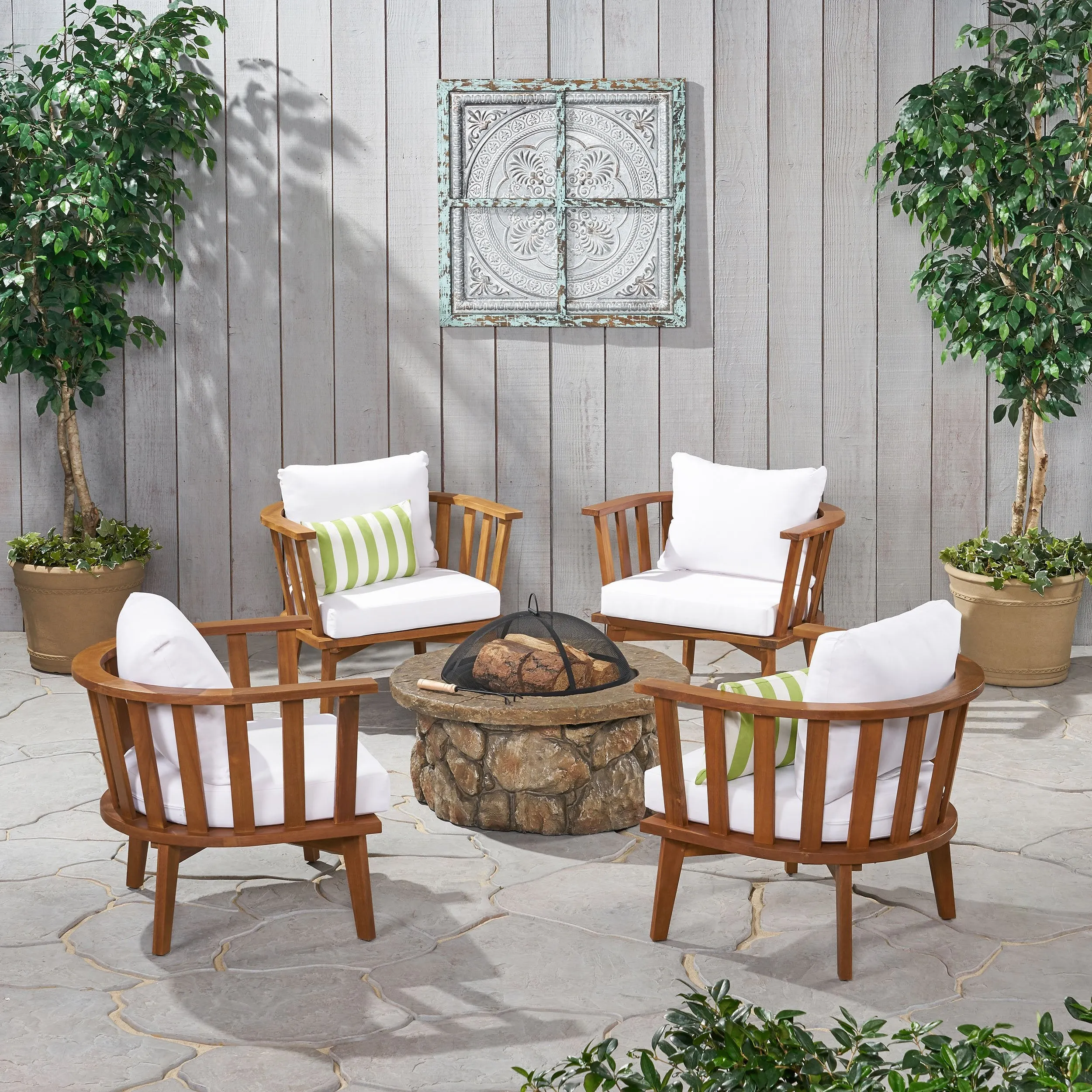 Outdoor Acacia Wood 4 Seater Club Chairs and Fire Pit Set - NH916903 patio chairs, outdoor seating