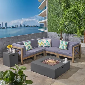 Outdoor Acacia Wood 5 Seater Sectional Sofa Set with Fire Pit - NH027603 patio chairs, outdoor seating