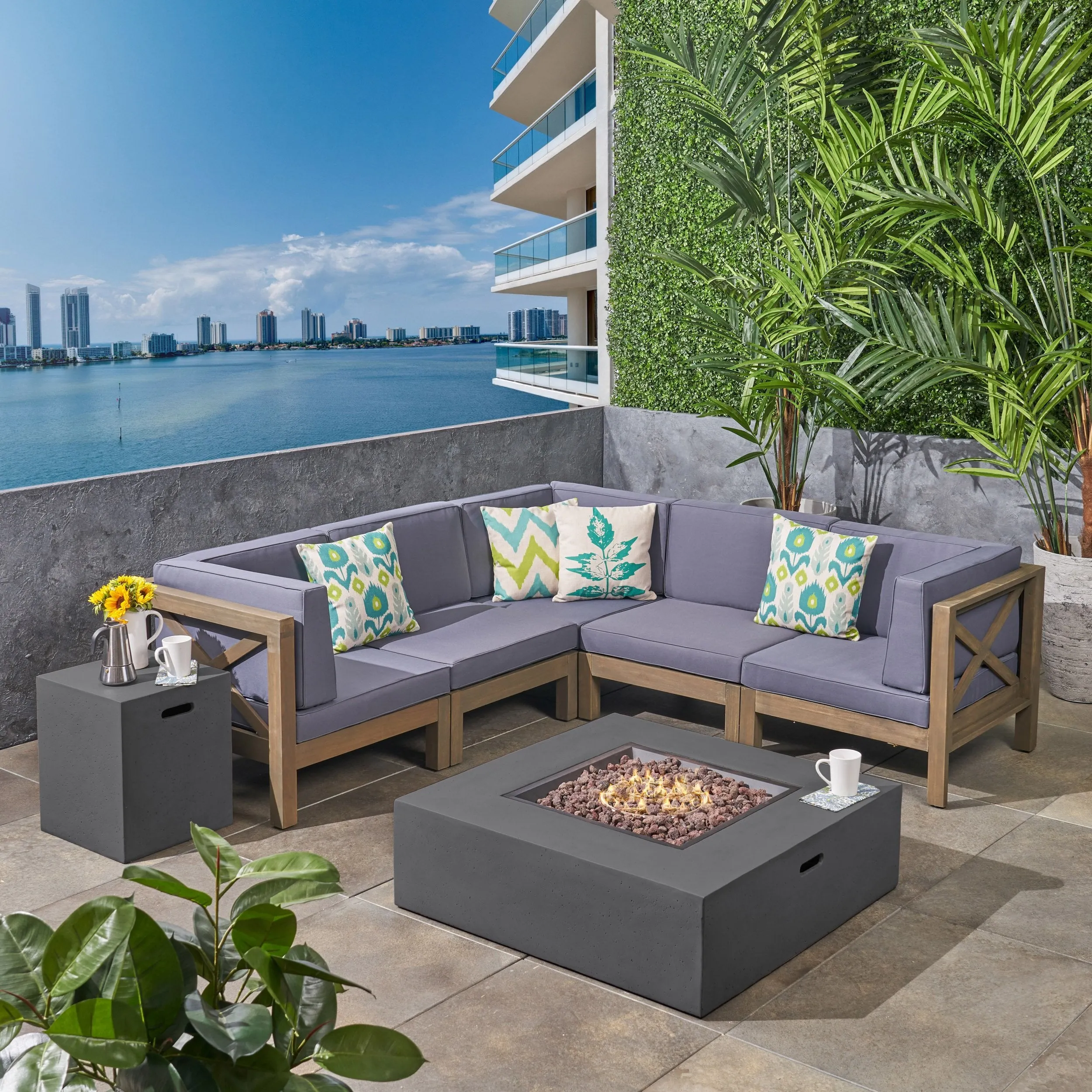 Outdoor Acacia Wood 5 Seater Sectional Sofa Set with Fire Pit - NH027603 patio chairs, outdoor seating