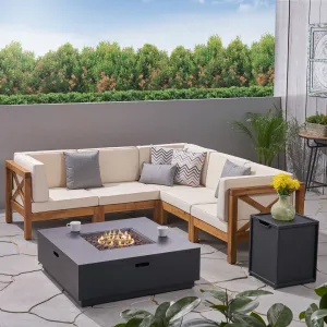 Outdoor Acacia Wood 5 Seater Sectional Sofa Set with Fire Pit - NH527603 patio chairs, outdoor seating