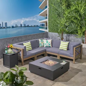 Outdoor Acacia Wood 5 Seater Sectional Sofa Set with Fire Pit - NH727603 patio chairs, outdoor seating