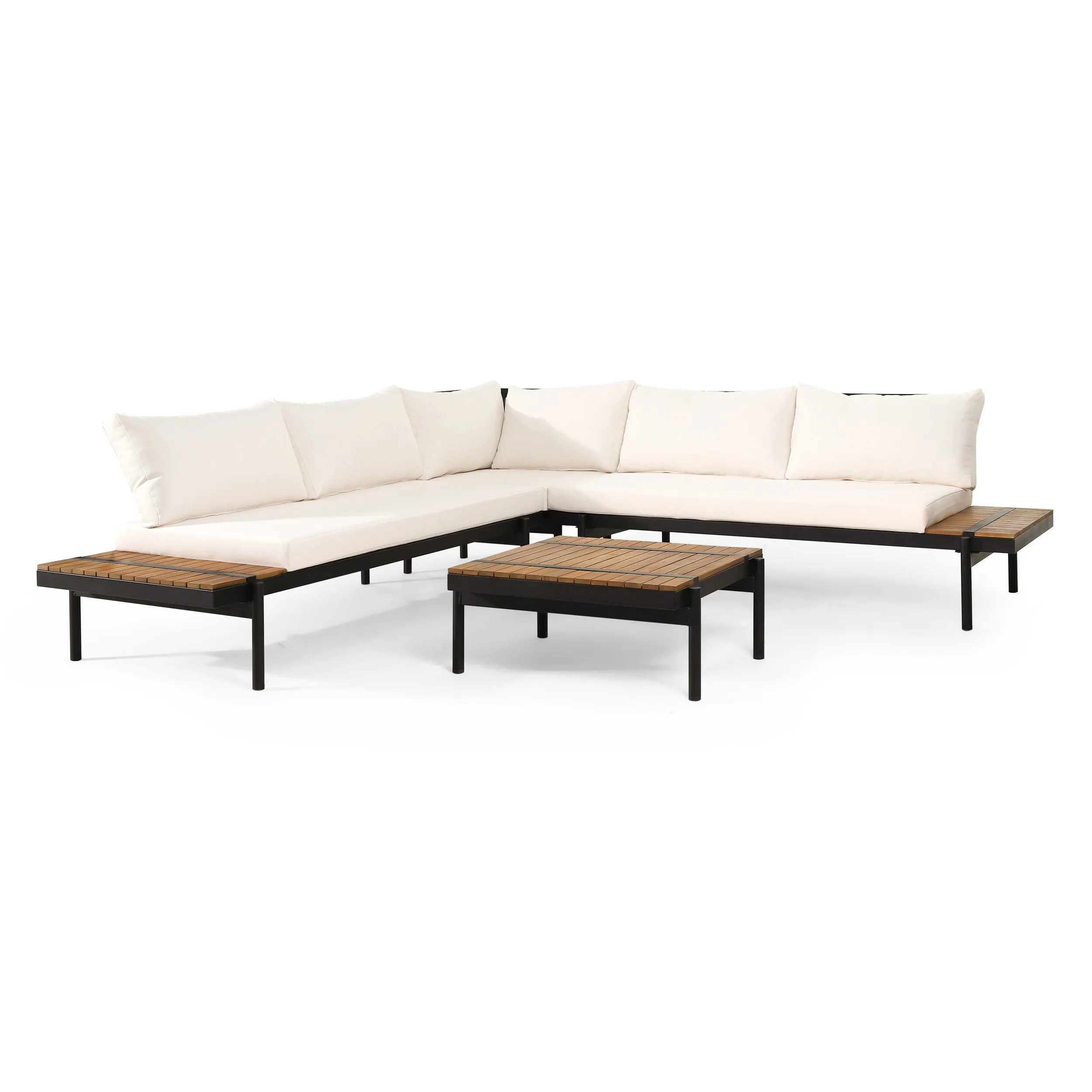Outdoor Acacia Wood 5 Seater Sectional Sofa Set with Water Resistant Cushions, Teak, Black, and Cream - NH267413 patio chairs, outdoor seating