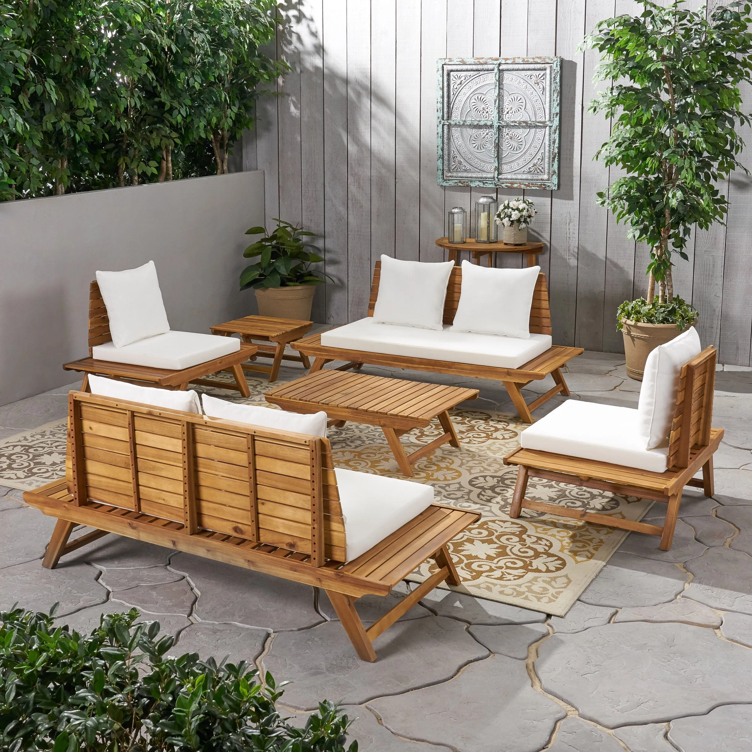 Outdoor Acacia Wood 6 Seater Chat Set with Side Table and Coffee Table - NH966903 patio chairs, outdoor seating