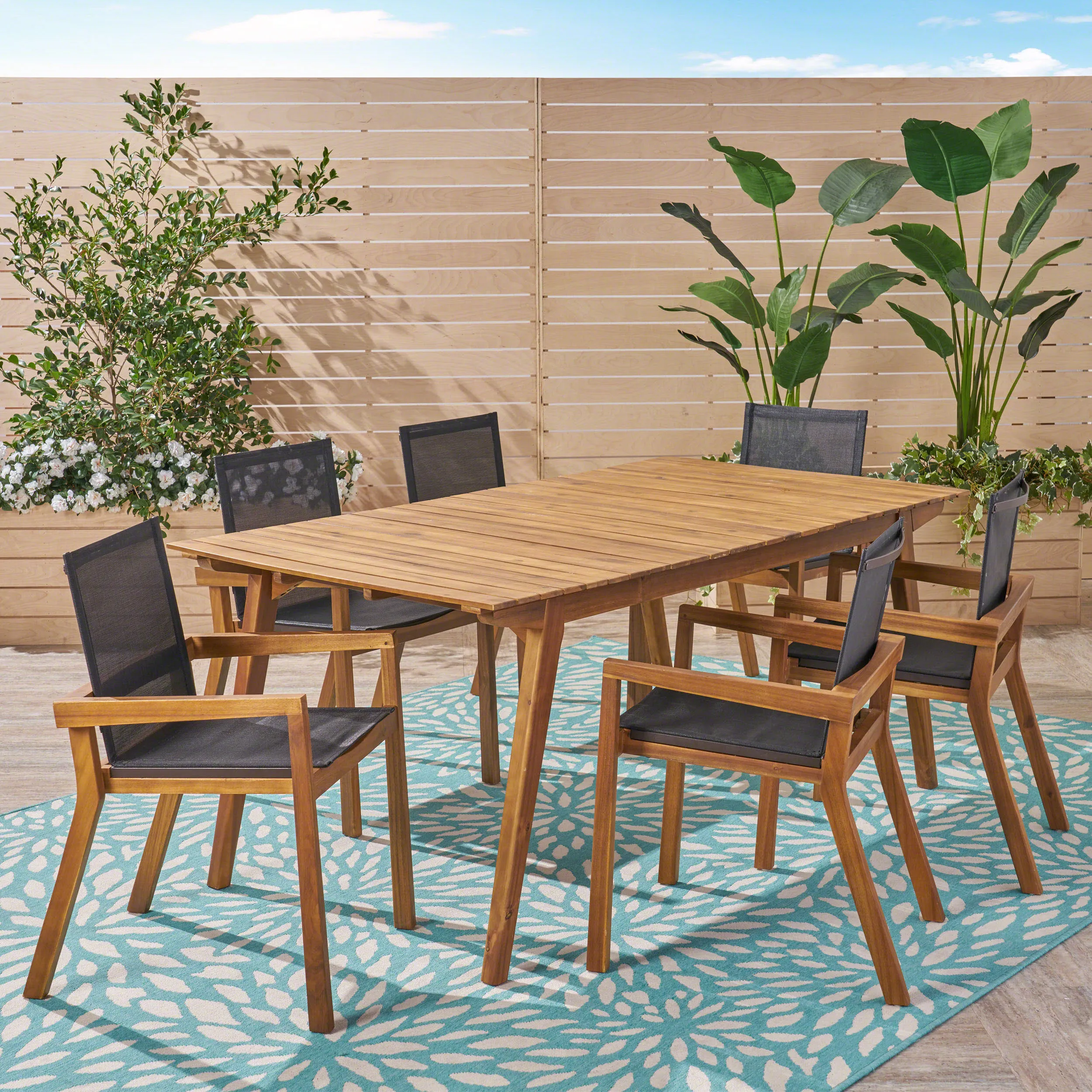 Outdoor Acacia Wood 7 Piece Dining Set with Mesh Seats - NH749603 patio chairs, outdoor seating