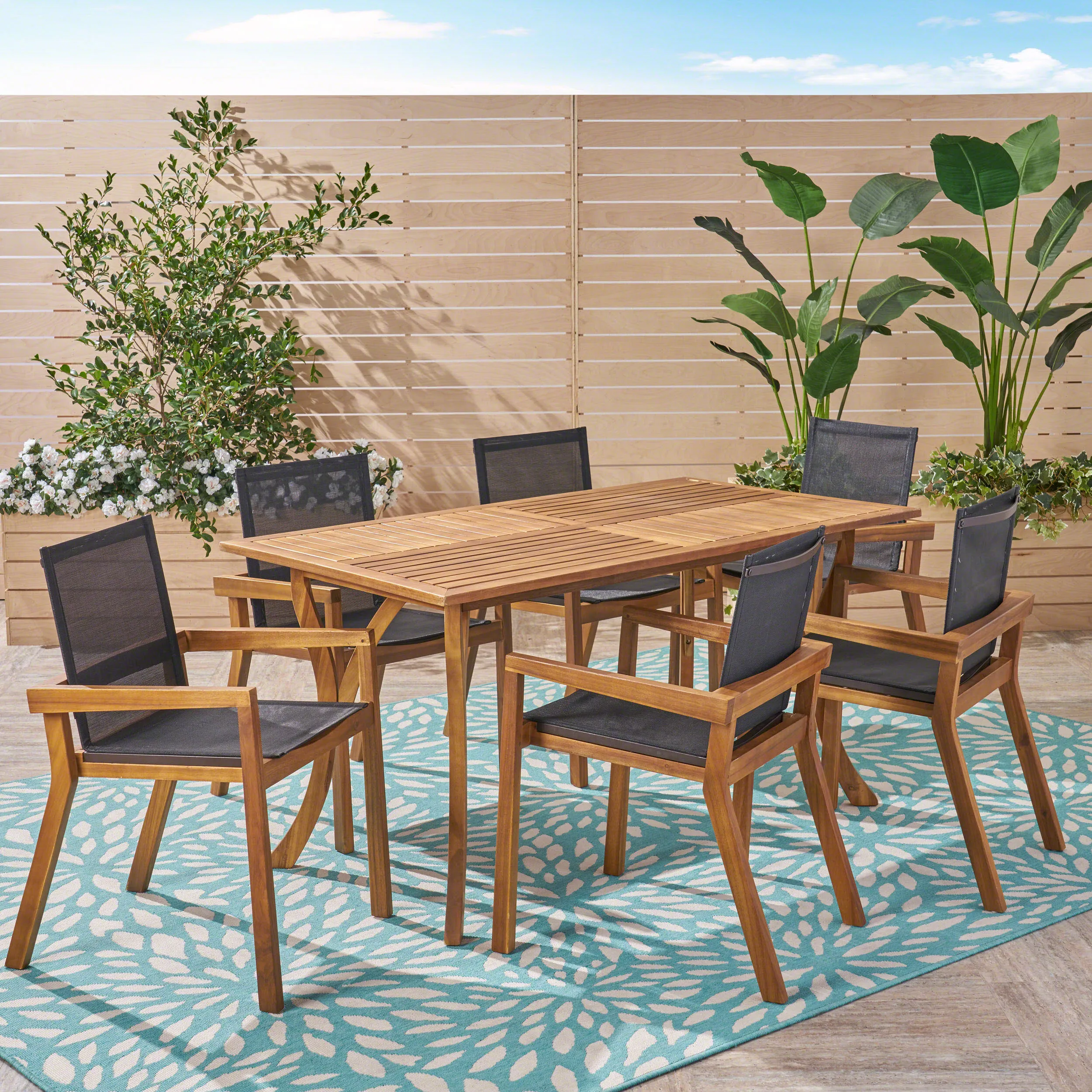 Outdoor Acacia Wood 7 Piece Dining Set with Mesh Seats - NH949603 patio chairs, outdoor seating