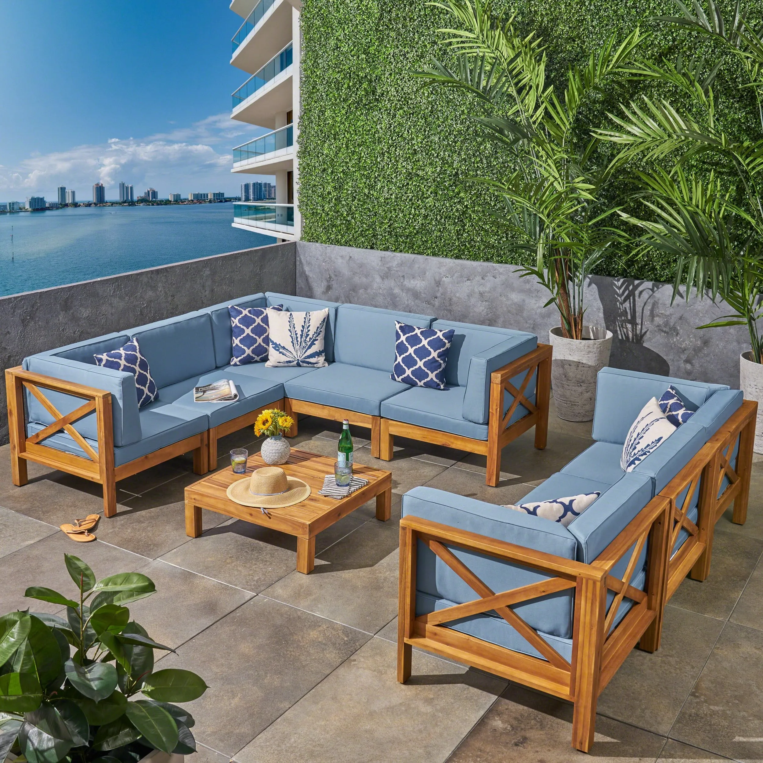 Outdoor Acacia Wood 8 Seater Sectional Sofa Set with Coffee Table, Teak, Blue - NH337603 patio chairs, outdoor seating