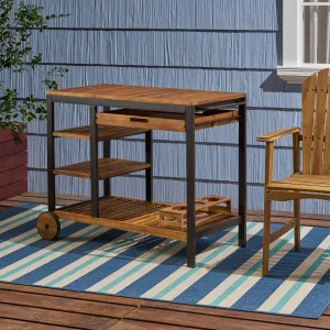 Outdoor Acacia Wood Bar Cart with Reversible Drawers and Wine Bottle Holders - NH658803 patio chairs, outdoor seating