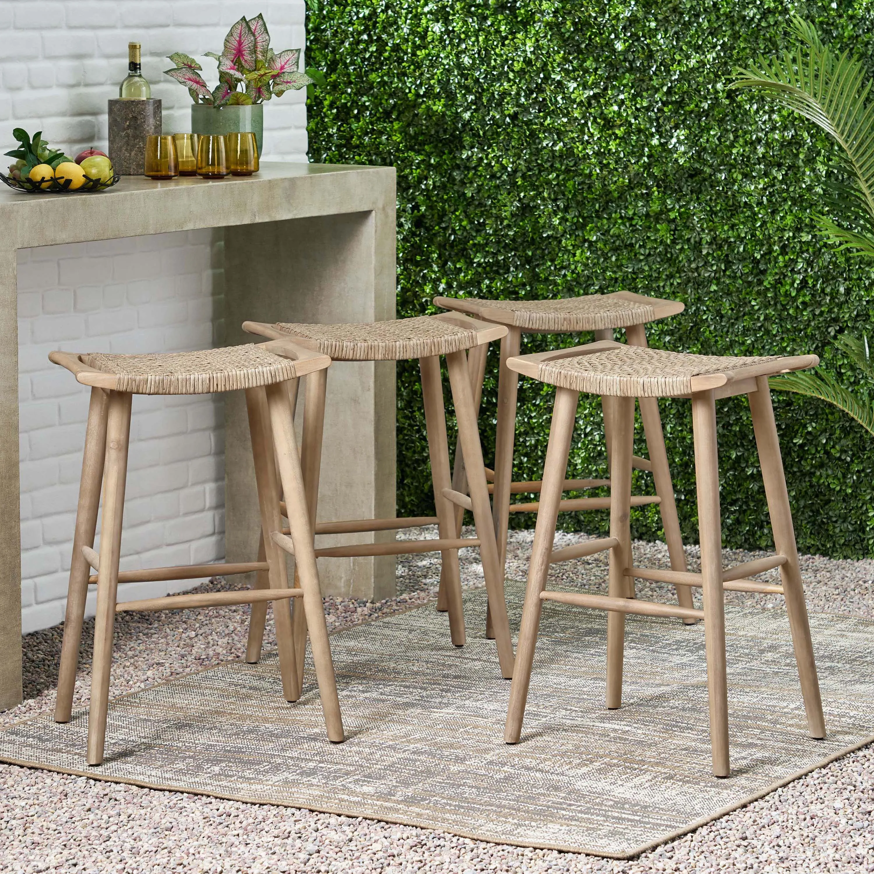 Outdoor Acacia Wood Barstool with Wicker, Set of 4 - NH100413 patio chairs, outdoor seating