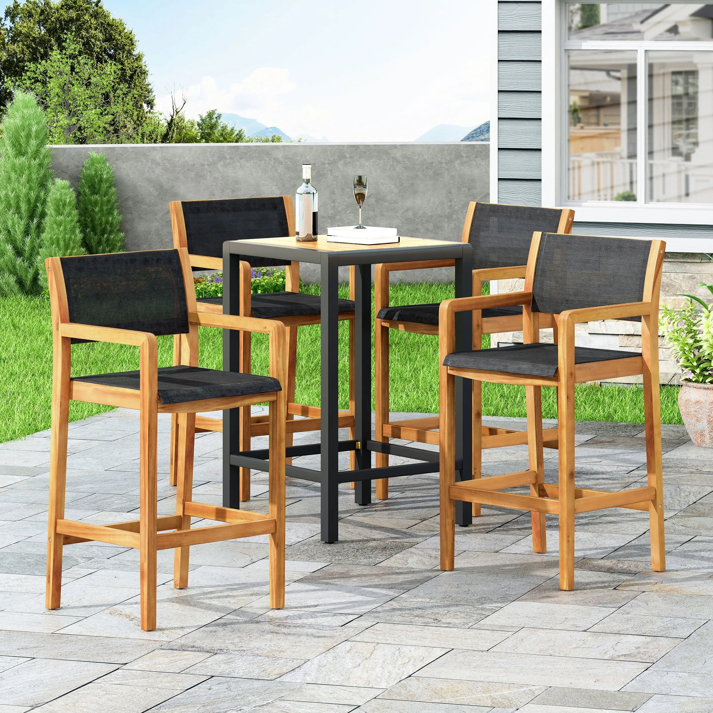 Outdoor Acacia Wood Barstools with Outdoor Mesh (Set of 4) - NH238213 patio chairs, outdoor seating