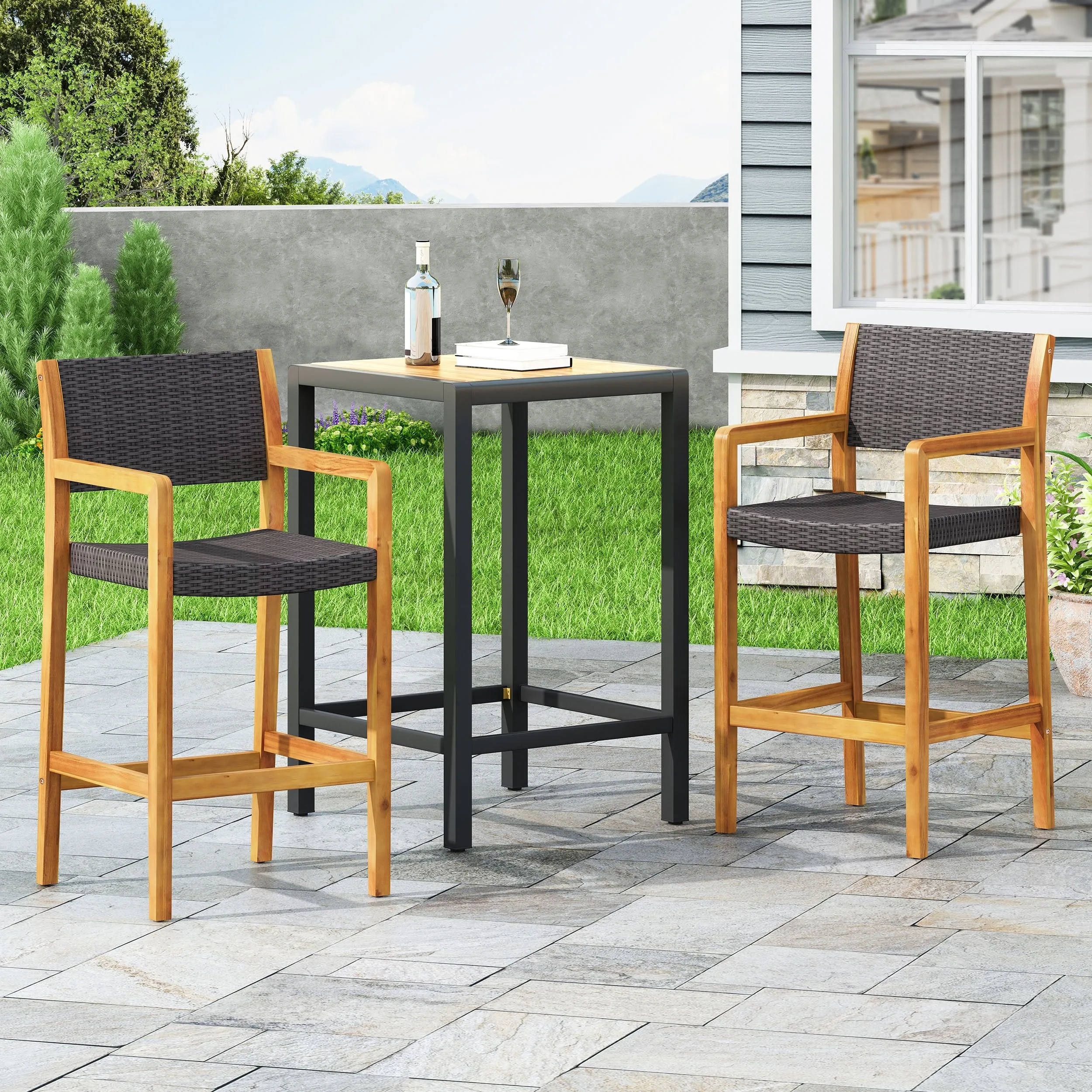 Outdoor Acacia Wood Barstools with Wicker (Set of 2) - NH138213 patio chairs, outdoor seating