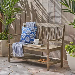 Outdoor Acacia Wood Bench with Shelf - NH533503 patio chairs, outdoor seating