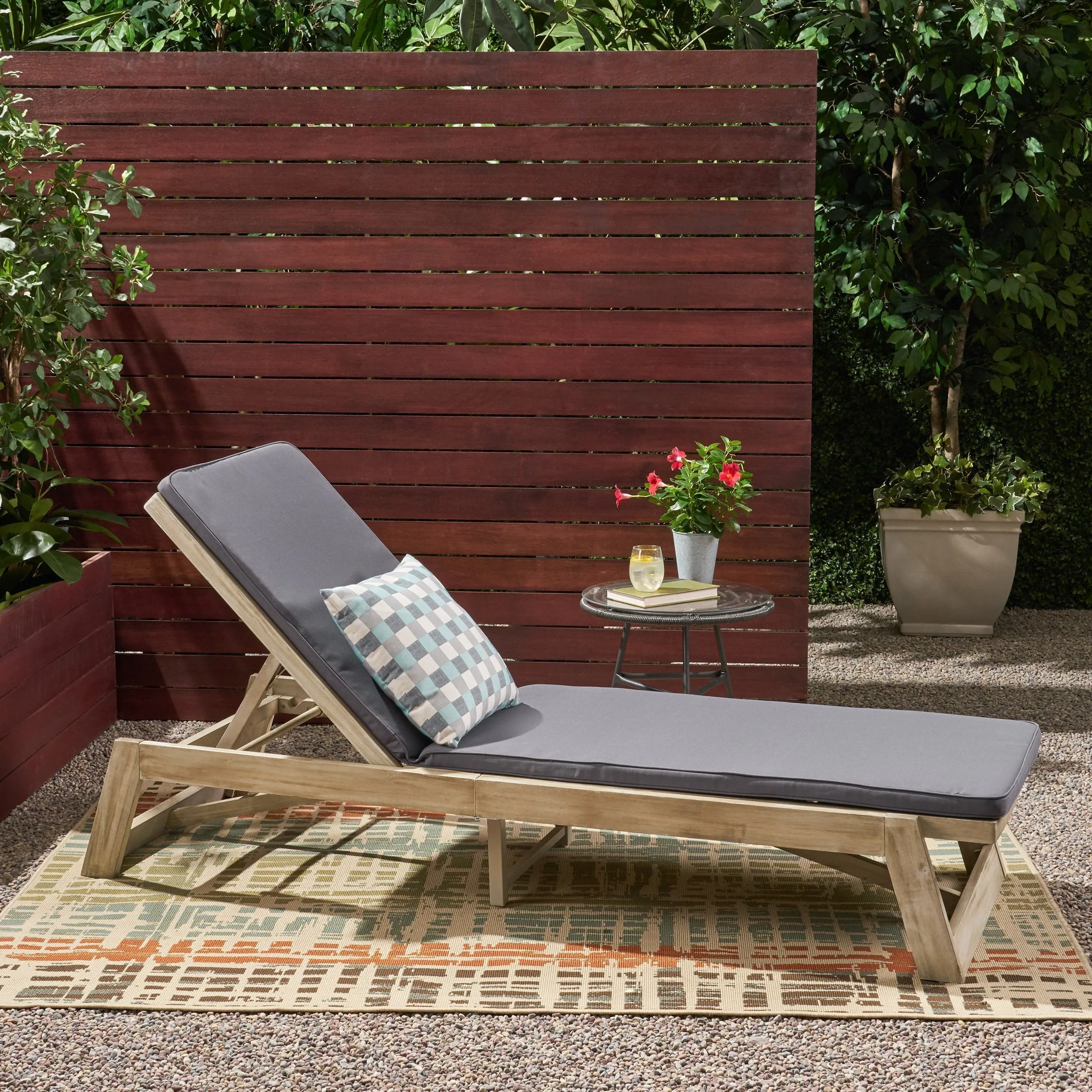 Outdoor Acacia Wood Chaise Lounge and Cushion Set - NH597903