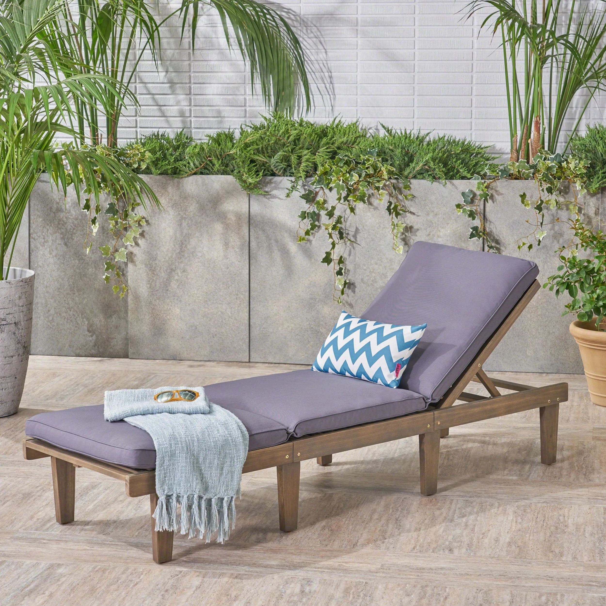Outdoor Acacia Wood Chaise Lounge with Cushion, Gray and Dark Gray - NH673403 patio chairs, outdoor seating
