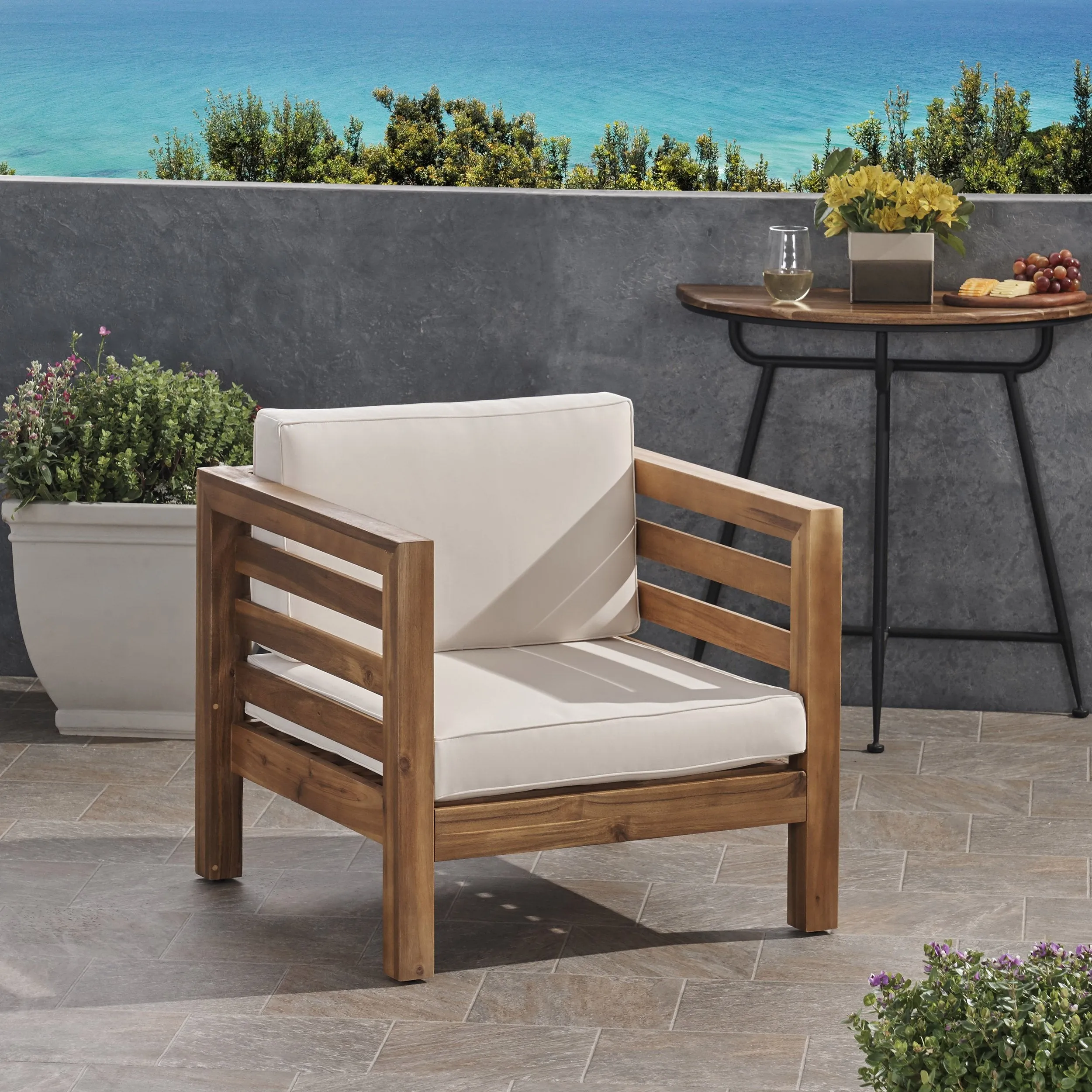 Outdoor Acacia Wood Club Chair with Cushion - NH363803