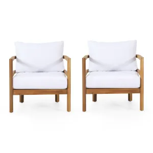 Outdoor Acacia Wood Club Chair with Cushion, Set of 2, Teak and White - NH316513 patio chairs, outdoor seating