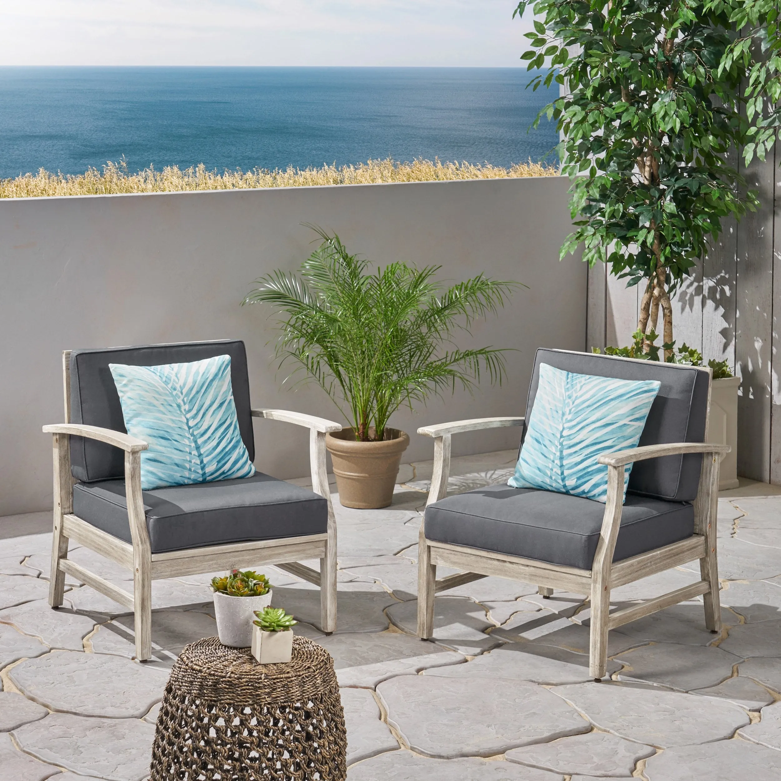 Outdoor Acacia Wood Club Chairs with Cushions (Set of 2), Light Gray and Dark Gray - NH803803 patio chairs, outdoor seating