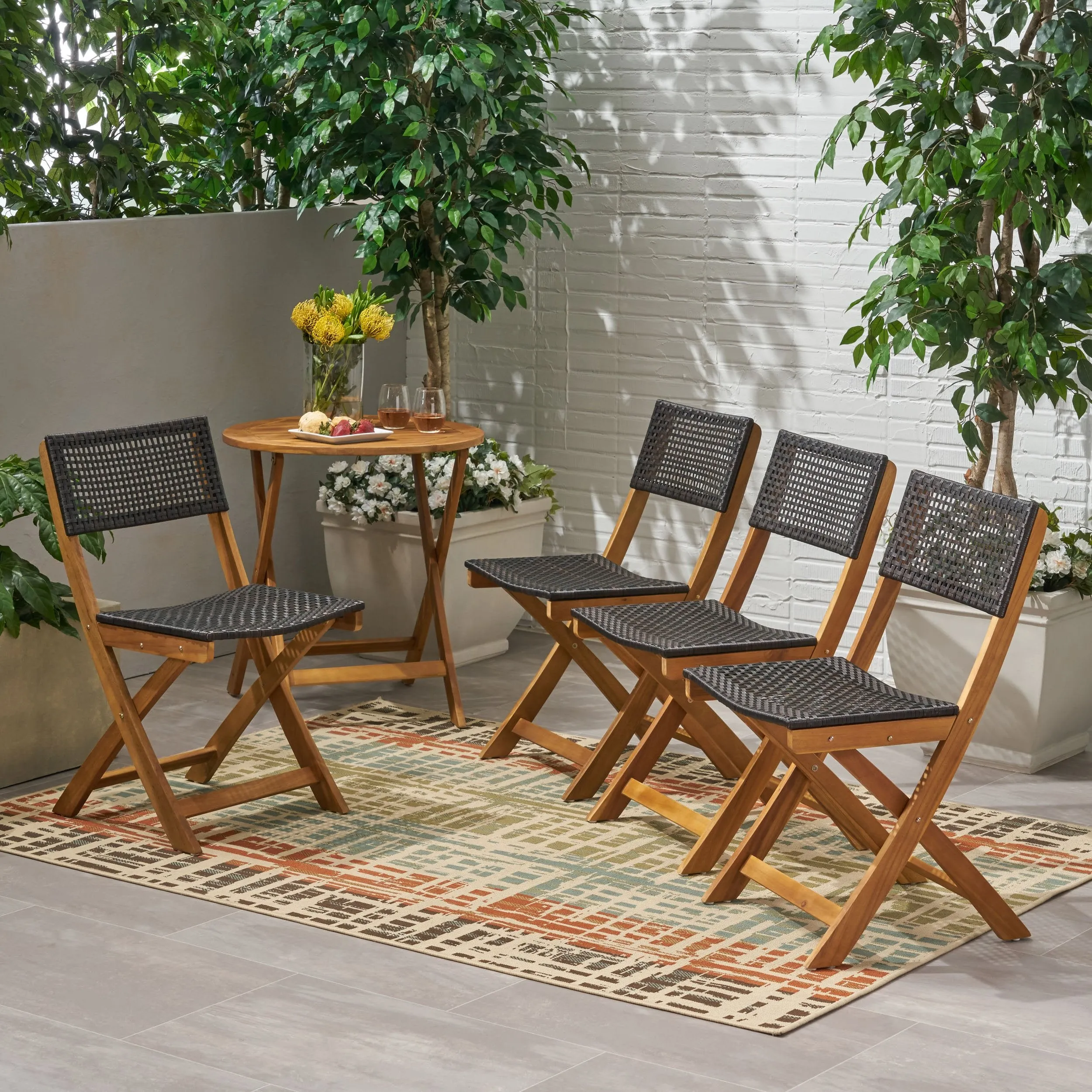 Outdoor Acacia Wood Foldable Bistro Chairs with Wicker Seating (Set of 4) - NH120903 patio chairs, outdoor seating