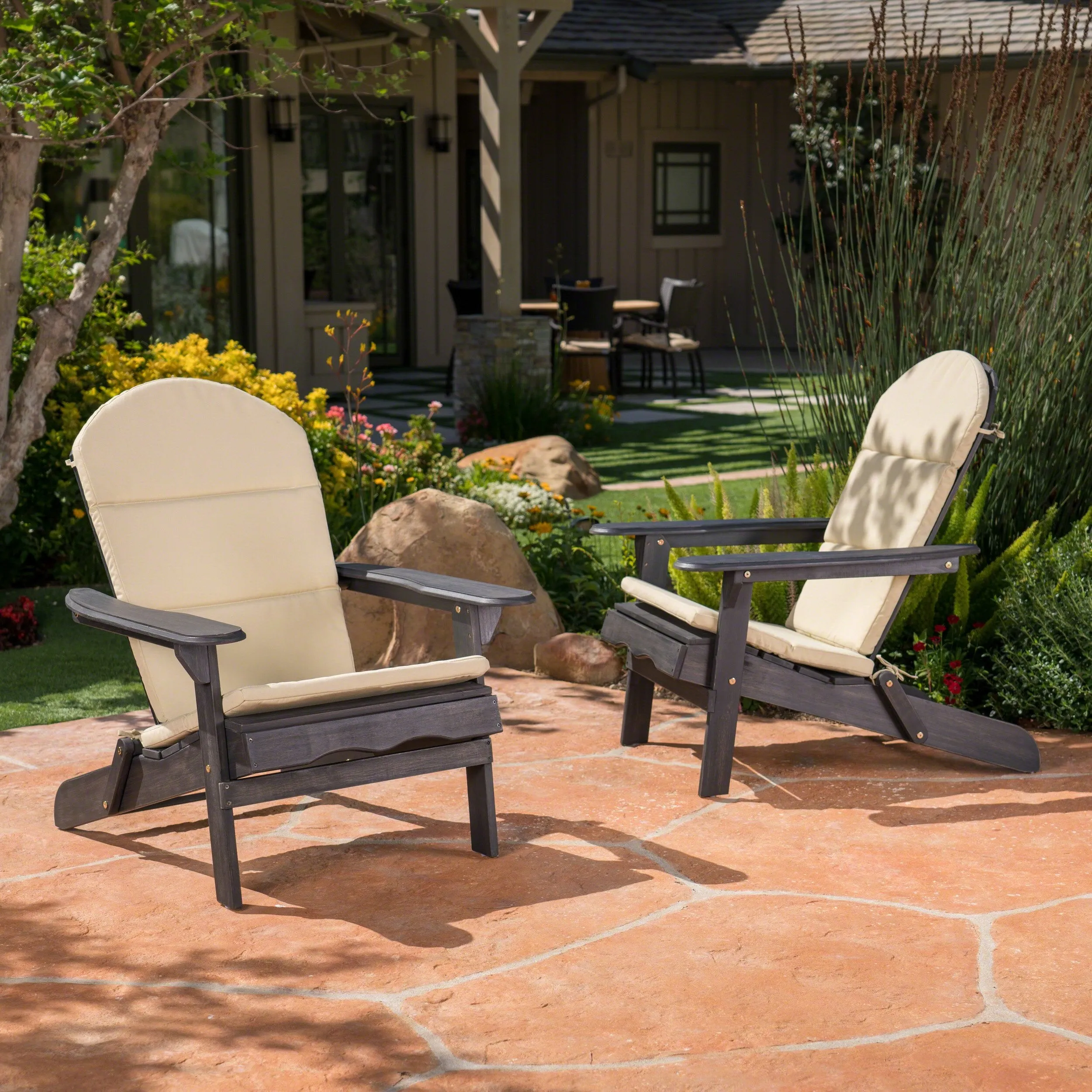 Outdoor Acacia Wood Folding Adirondack Chairs with Cushions - NH136403