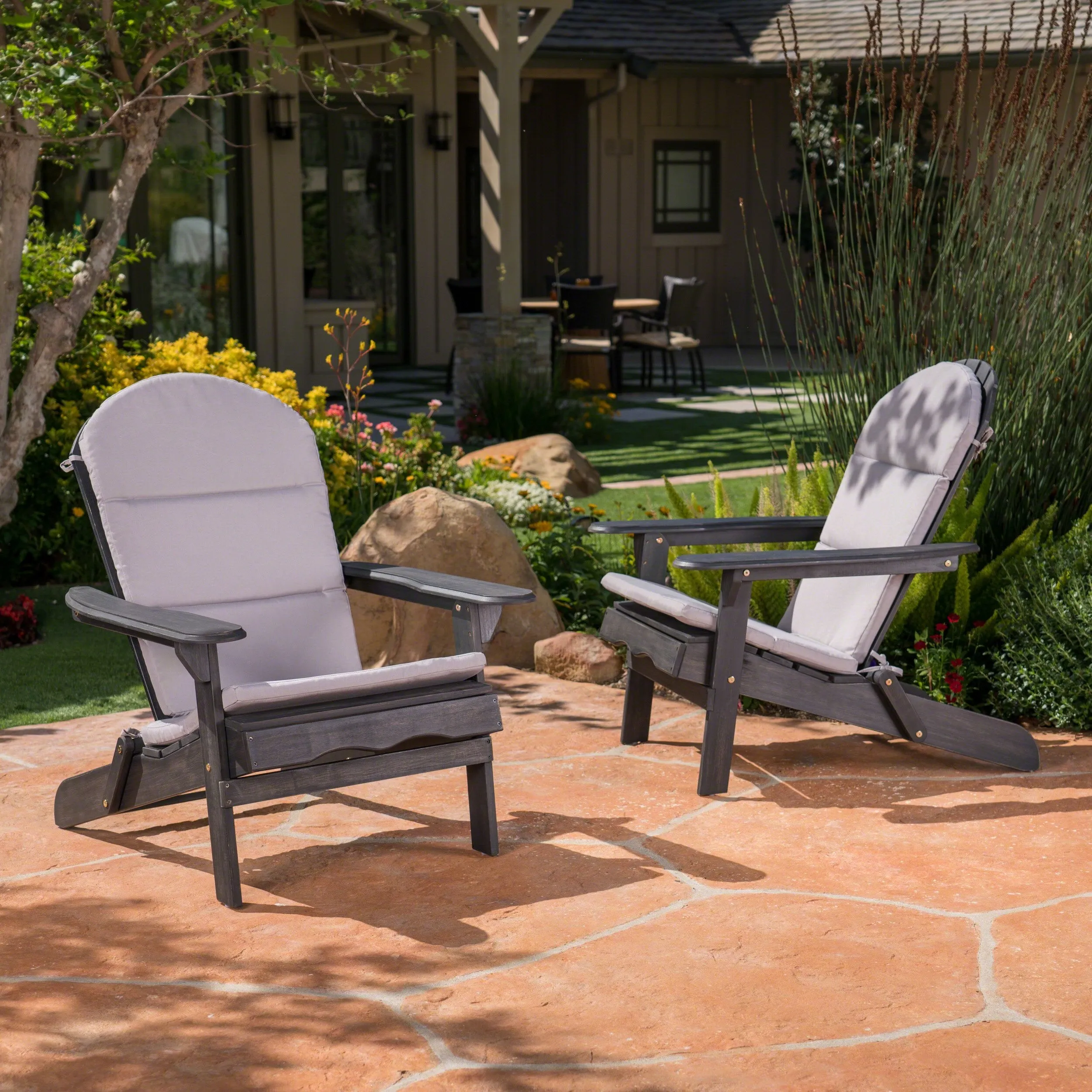 Outdoor Acacia Wood Folding Adirondack Chairs with Cushions - NH136403