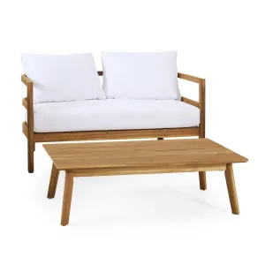 Outdoor Acacia Wood Loveseat and Coffee Table Set, Teak and White - NH416513 patio chairs, outdoor seating
