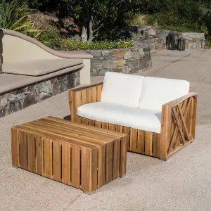 Outdoor Acacia Wood Loveseat and Coffee Table Set with Cushions - NH364303 patio chairs, outdoor seating