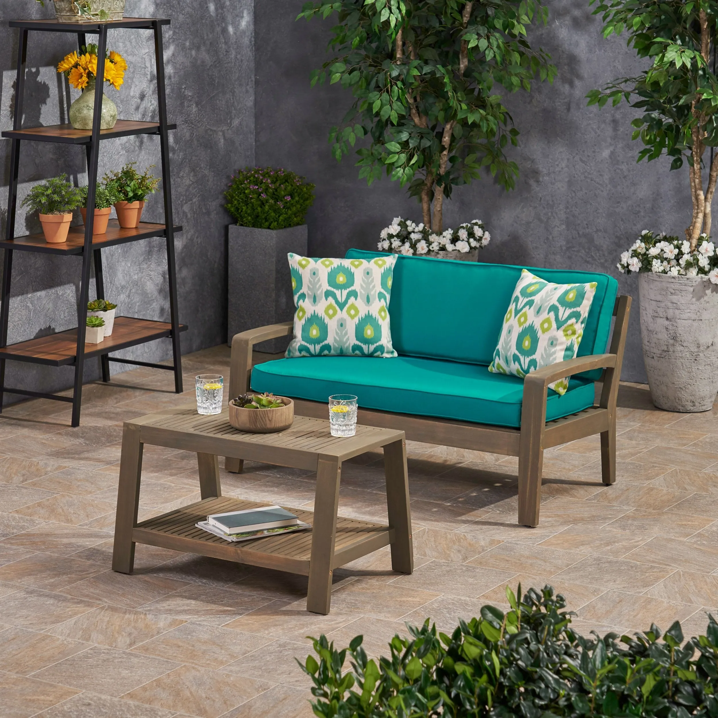 Outdoor Acacia Wood Loveseat and Coffee Table Set with Sunbrella Cushions - NH172703