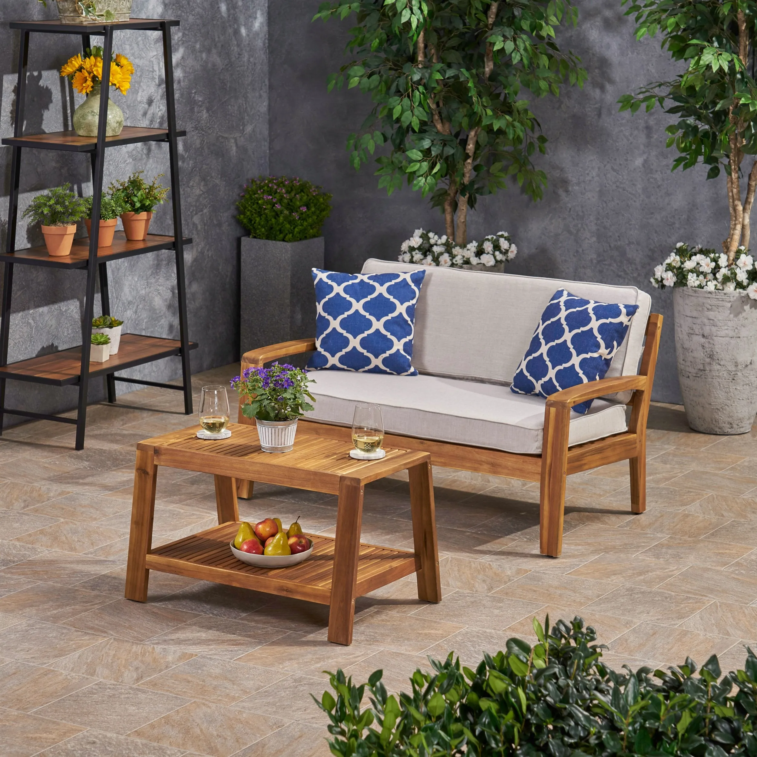 Outdoor Acacia Wood Loveseat and Coffee Table Set with Sunbrella Cushions - NH172703 patio chairs, outdoor seating