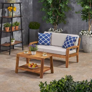 Outdoor Acacia Wood Loveseat and Coffee Table Set with Sunbrella Cushions - NH172703 patio chairs, outdoor seating