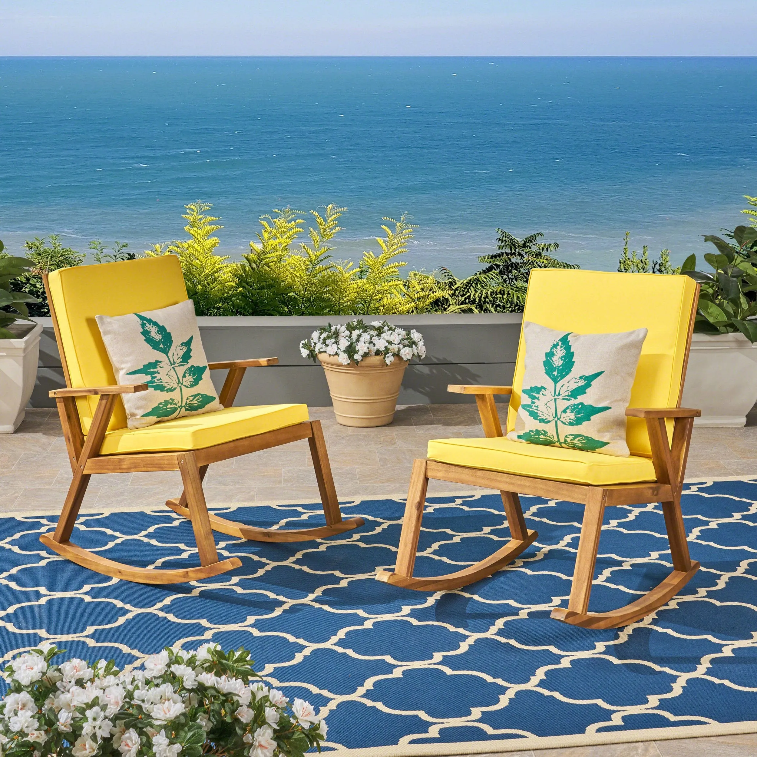 Outdoor Acacia Wood Rocking Chair with Water-Resistant Cushions - NH135603