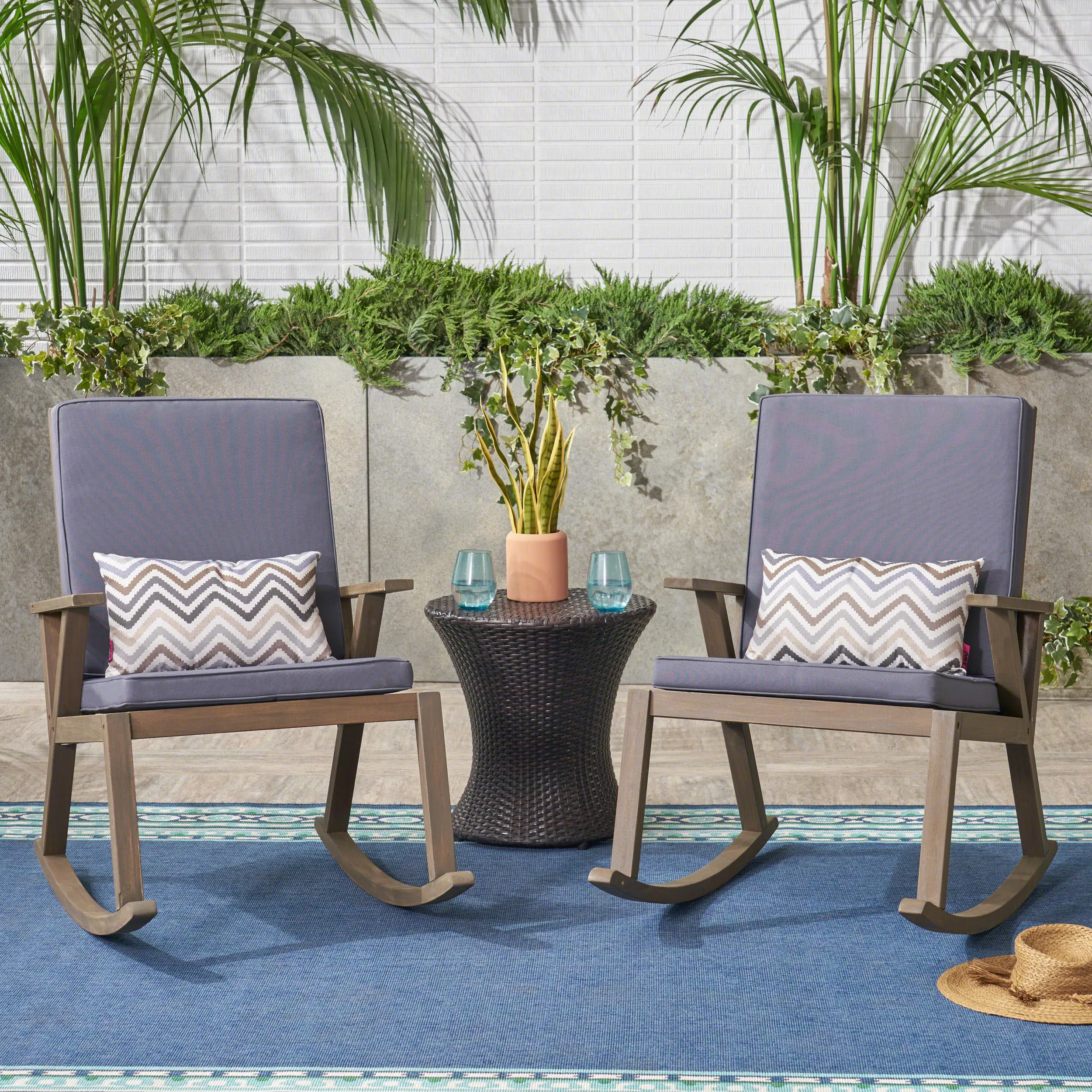 Outdoor Acacia Wood Rocking Chair with Water-Resistant Cushions (Set of 2) - NH786403 patio chairs, outdoor seating