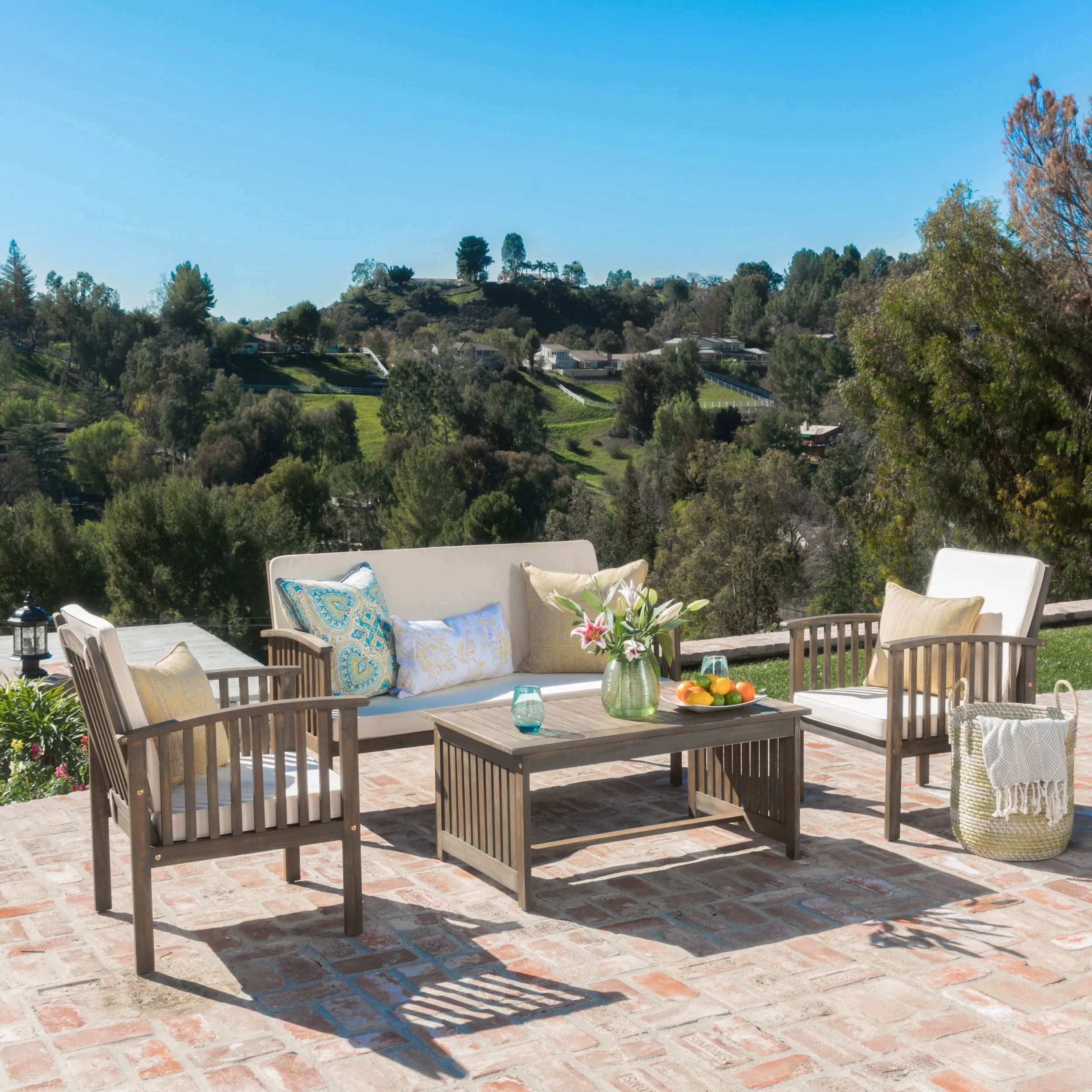Outdoor Acacia Wood Sofa Set with Water Resistant Cushions - NH282203