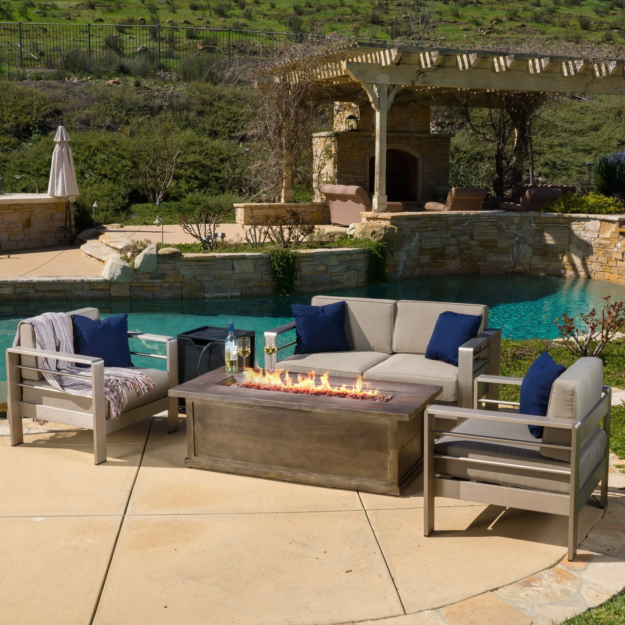 Outdoor Aluminum 3-piece Chat Set with 56-inch Rectangular Liquid Propane Fire Table - NH020792 patio chairs, outdoor seating