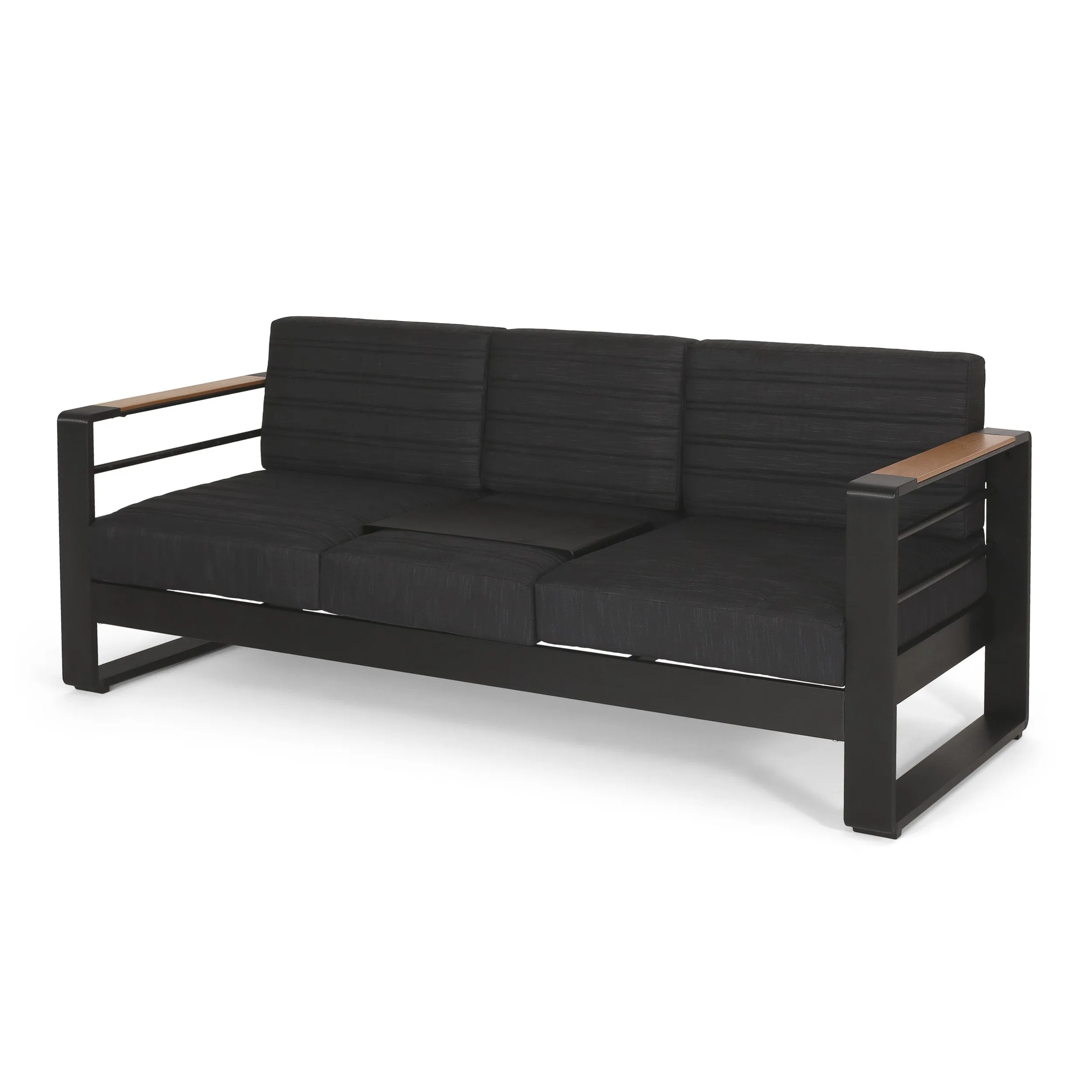 Outdoor Aluminum 3 Seater Sofa with Water Resistant Cushions, Black, Natural, and Dark Gray - NH258413 patio chairs, outdoor seating