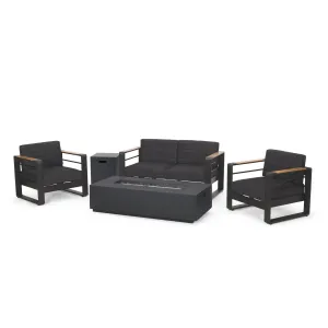 Outdoor Aluminum 4 Seater Chat Set with Fire Pit, Black, Natural, and Dark Gray - NH534413 patio chairs, outdoor seating