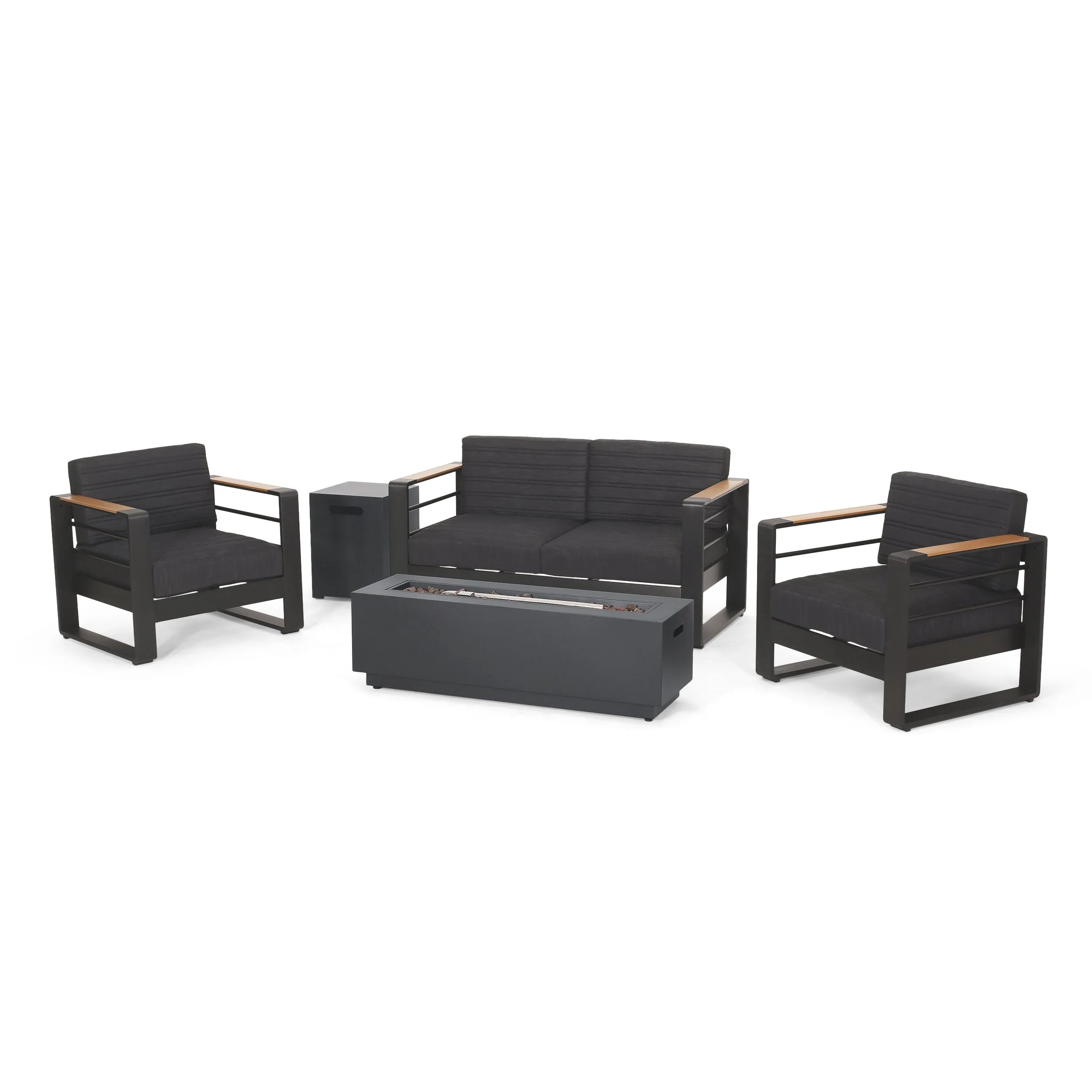 Outdoor Aluminum 4 Seater Chat Set with Fire Pit, Black, Natural, and Dark Gray - NH634413 patio chairs, outdoor seating