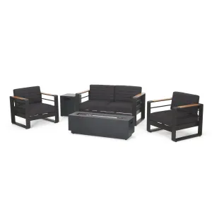 Outdoor Aluminum 4 Seater Chat Set with Fire Pit, Black, Natural, and Dark Gray - NH634413 patio chairs, outdoor seating