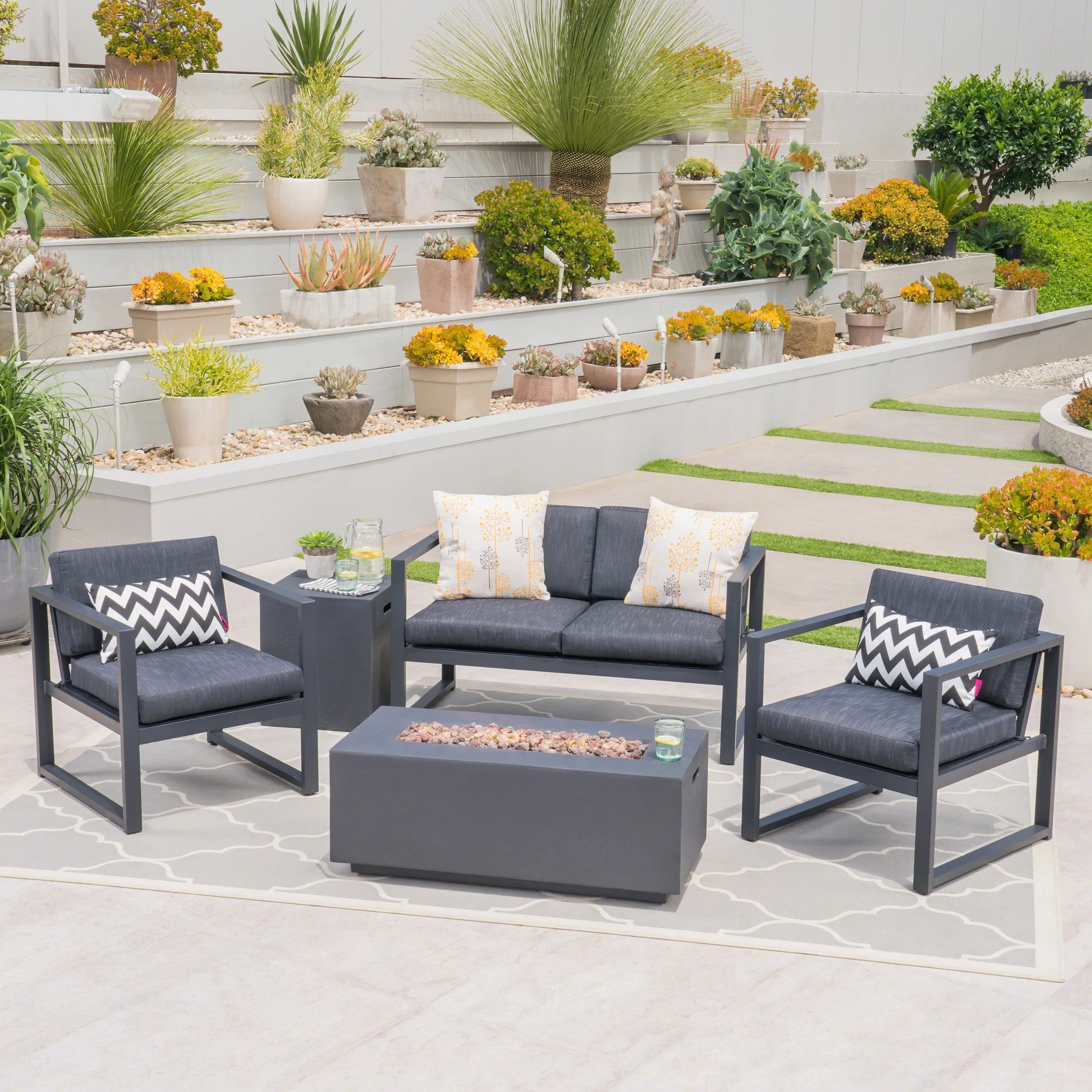 Outdoor Aluminum 4 Seater Chat Set with Fire Pit - NH304503 patio chairs, outdoor seating