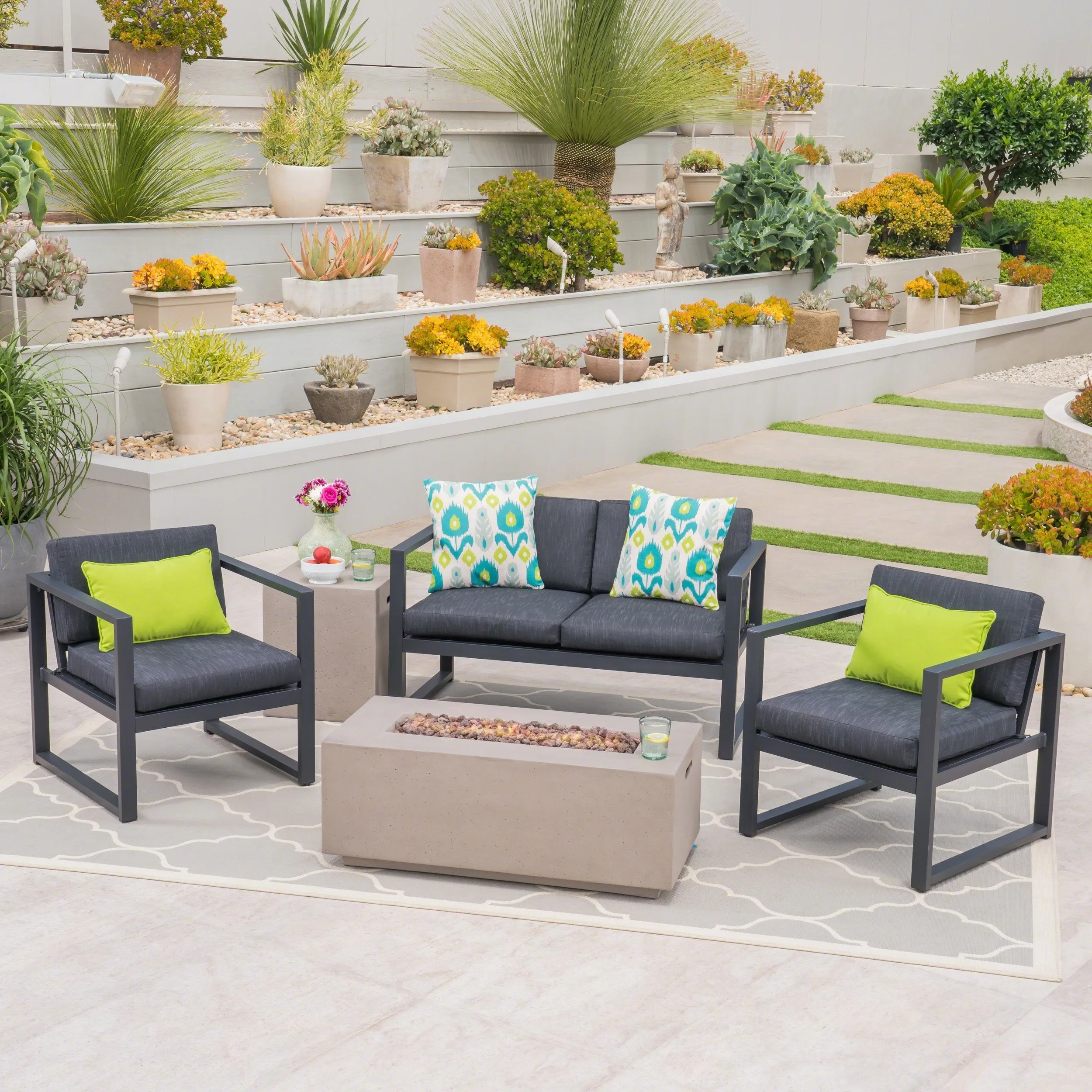 Outdoor Aluminum 4 Seater Chat Set with Fire Pit - NH304503