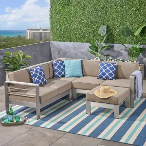 Outdoor Aluminum 5-Seater V-Shape Sectional Sofa Set with Ottoman, Silver and Khaki - NH343603 patio chairs, outdoor seating