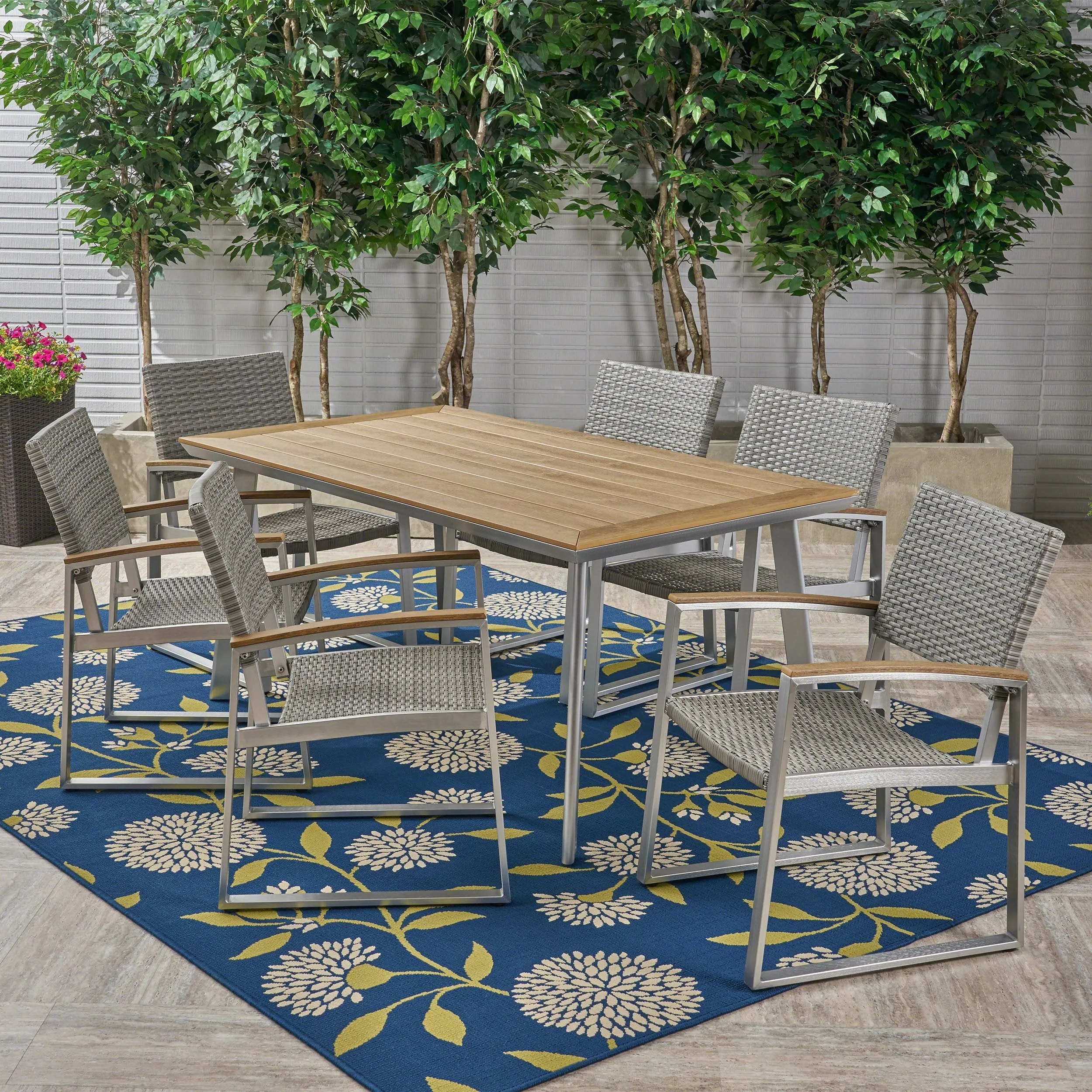 Outdoor Aluminum 7-Piece Dining Set with Mesh Chairs and Faux Wood Top - NH888503