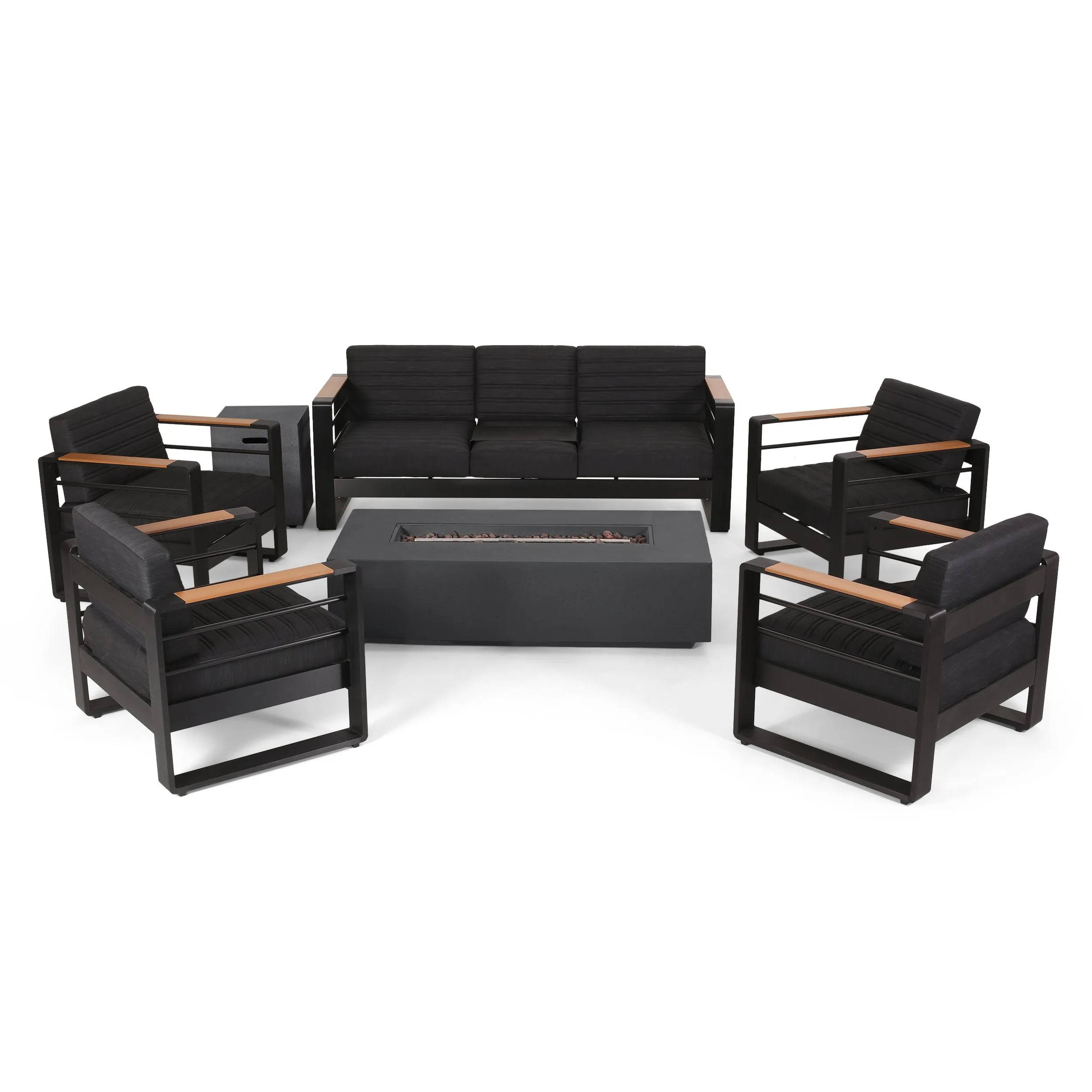 Outdoor Aluminum 7 Seater Chat Set with Fire Pit, Black, Natural, and Dark Gray - NH458413 patio chairs, outdoor seating
