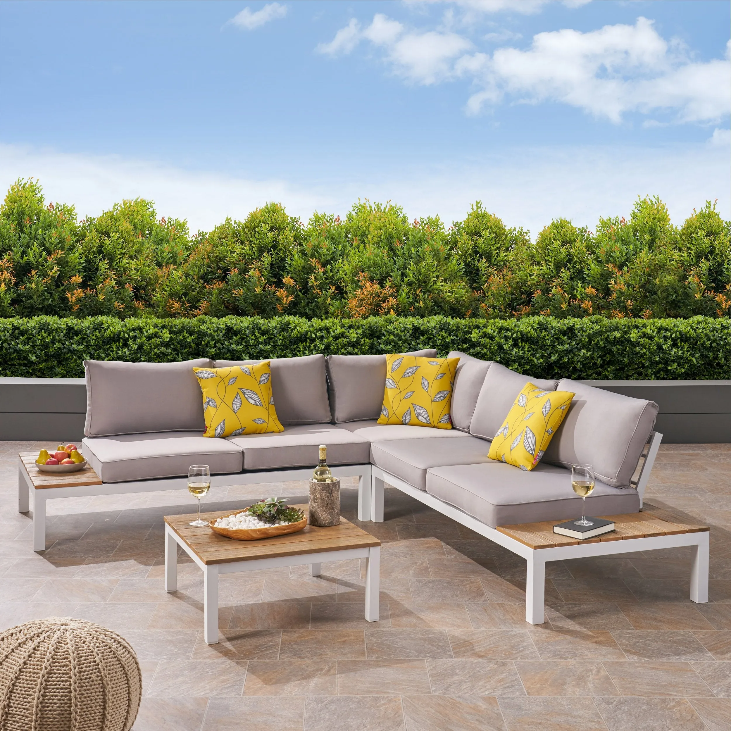 Outdoor Aluminum and Wood V-Shaped Sofa Set with Cushions - NH464603