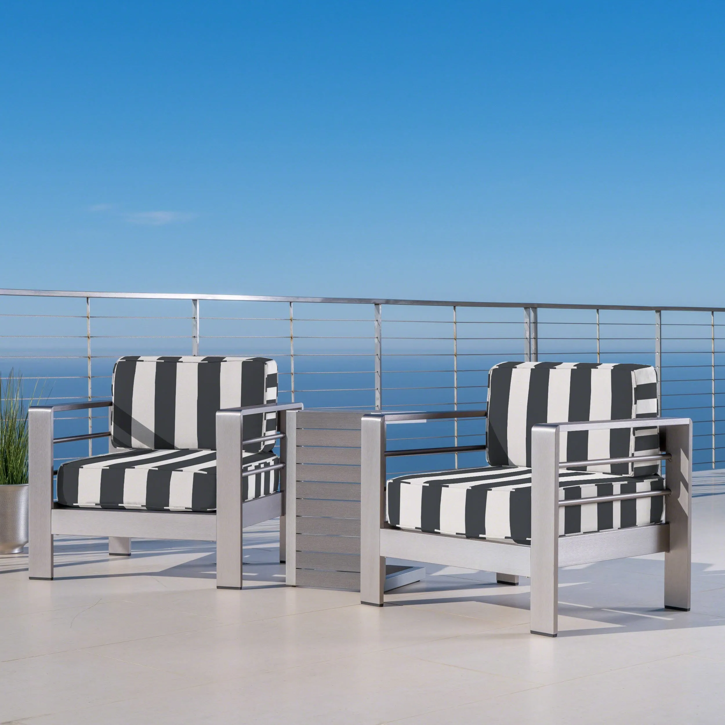 Outdoor Aluminum Club Chairs and Faux Wood Side Table Set with Cushions, Silver and Cabana Classic Sunbrella (Optional Sunbrella Cushions) - NH467403 patio chairs, outdoor seating