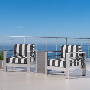 Outdoor Aluminum Club Chairs and Faux Wood Side Table Set with Cushions, Silver and Cabana Classic Sunbrella (Optional Sunbrella Cushions) - NH467403 patio chairs, outdoor seating