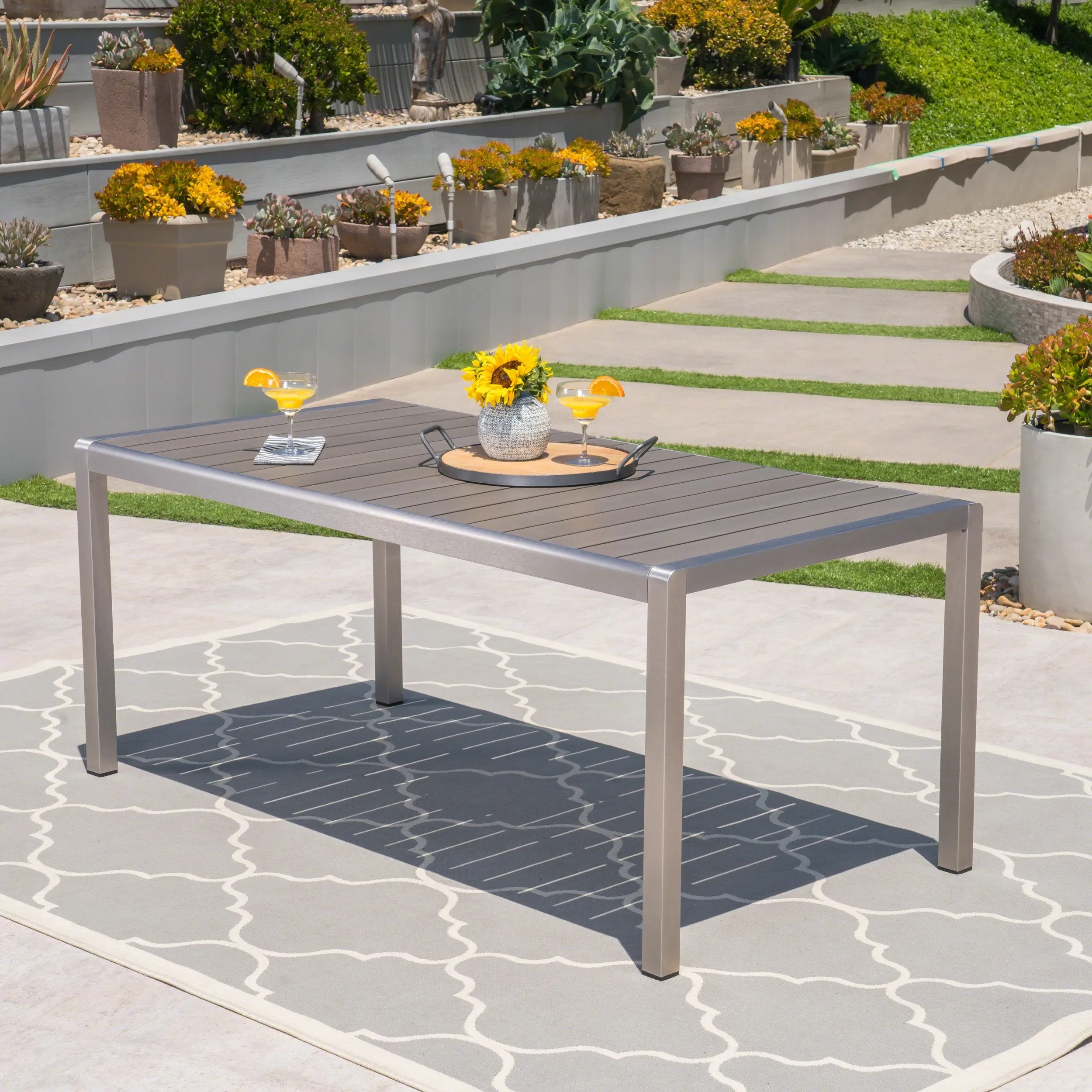 Outdoor Aluminum Dining Table with Faux Wood Top, Gray Finish - NH353503 patio chairs, outdoor seating