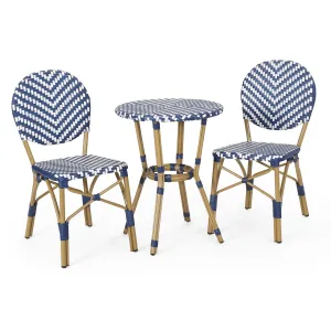Outdoor Aluminum French Bistro Set, Navy Blue, White, and Bamboo Finish - NH254413 patio chairs, outdoor seating