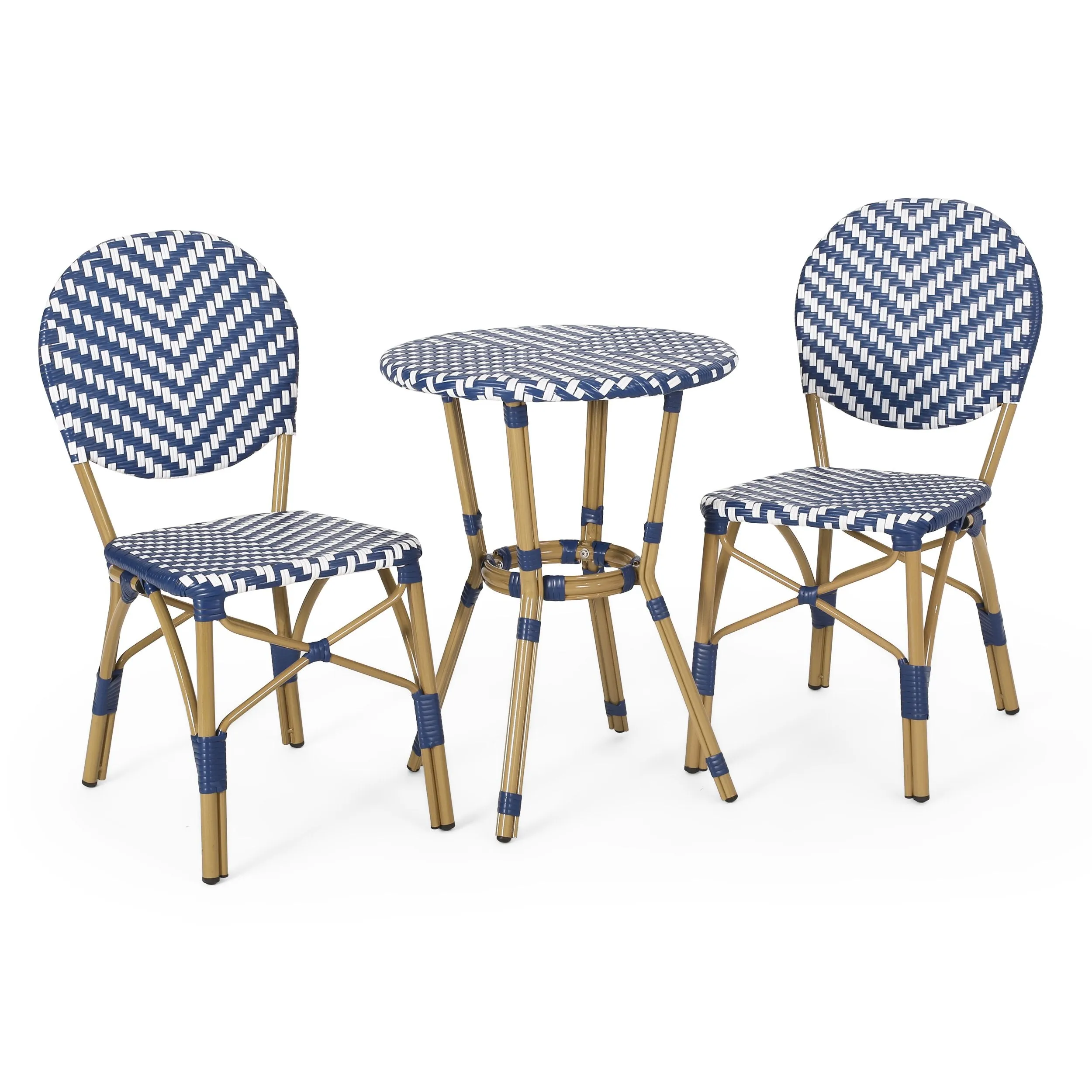 Outdoor Aluminum French Bistro Set, Navy Blue, White, and Bamboo Finish - NH254413 patio chairs, outdoor seating