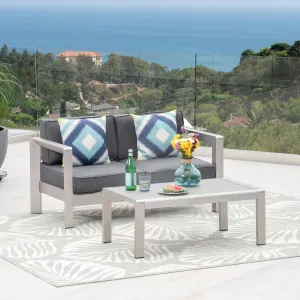 Outdoor Aluminum Loveseat and Tempered Glass-Topped Coffee Table, Silver and Gray - NH664603 patio chairs, outdoor seating