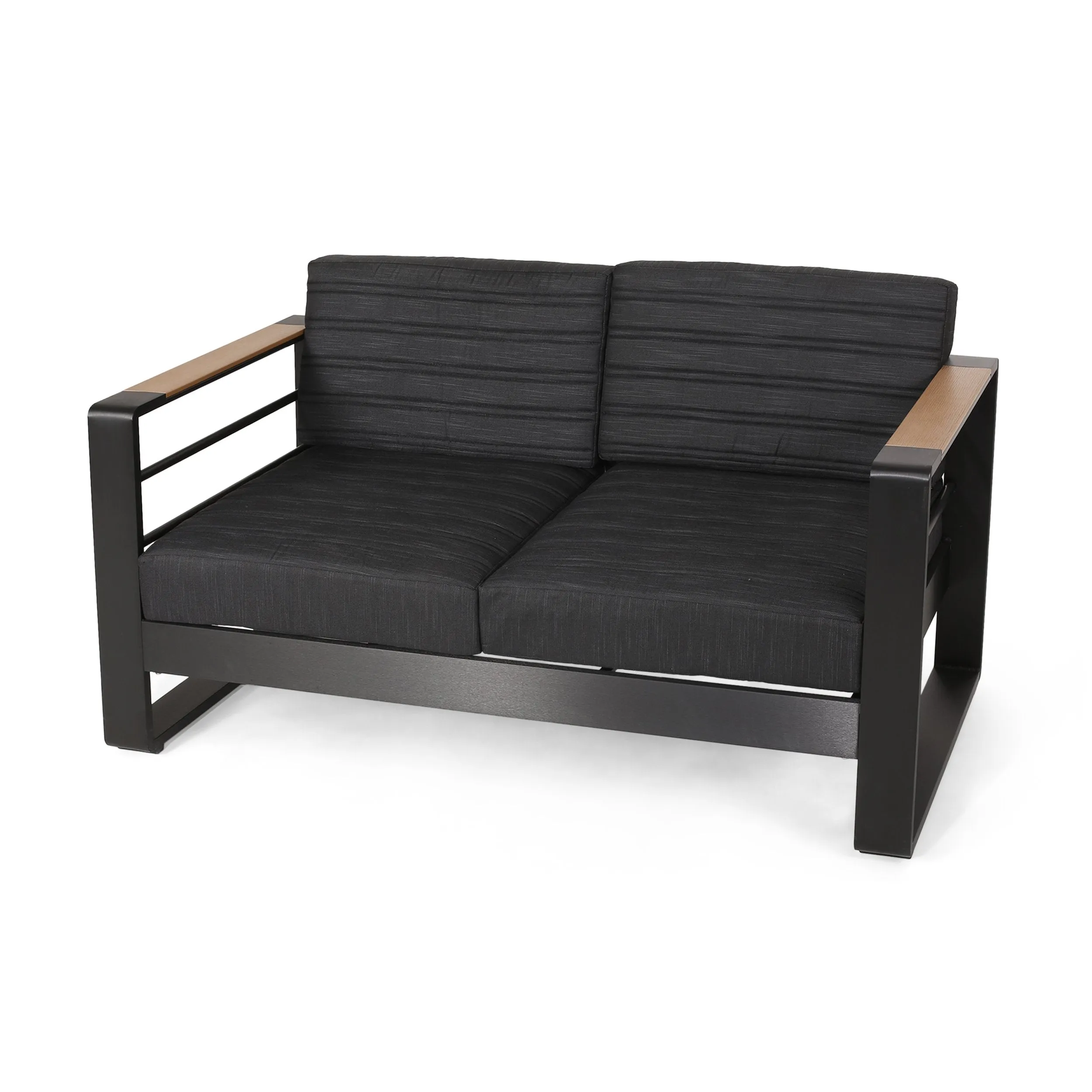 Outdoor Aluminum Loveseat with Water Resistant Cushions, Dark Gray, Natural, and Black - NH434413 patio chairs, outdoor seating