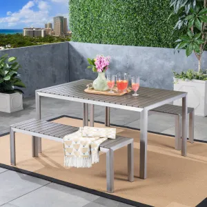 Outdoor Aluminum Picnic Set with Faux Wood Top, Silver and Natural - NH644603 patio chairs, outdoor seating